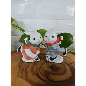 Vintage Homco 5305 Christmas Pair Bunny Rabbits Ice Skating 2 Figurines Ceramic
